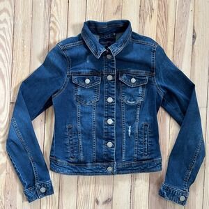 Aeropostale Womens Denim Jacket Dark Wash Distressed Button Front Classic Fit S‎